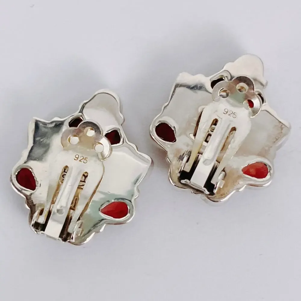 Signed Nicky Butler Sterling Silver Peach Moonstone Garnet Clip On Earrings Y2K